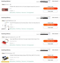 AliExpress Orders Featuring Humidity and Temperature Sensor AliExpress order list with electronic devices, including a humidity and temperature sensor.