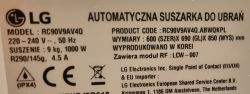 Etykieta informacyjna suszarki LG z danymi technicznymi i kodami.