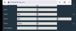 Screenshot of 10.108.48.37/cfg_pins showing pins PA12, PA14, PA15 mapped to Rel, Btn and LED_n