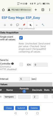 ESP Easy Mega configuration with value name tempera Device configuration screen in ESP Easy showing value readout settings and the value name tempera.