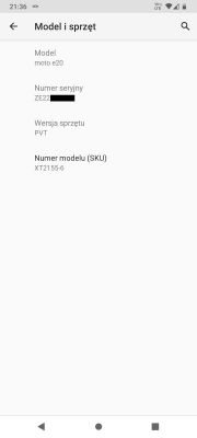 Zrzut ekranu z informacji o modelu telefonu Motorola e20.