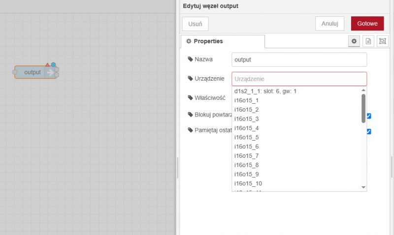 Editing the output node in a graphical editor Edit node window for output in a graphical editor, showing a list of available devices.