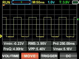 Oscilloscope screen showing a pulse waveform with parameters displayed at the bottom.