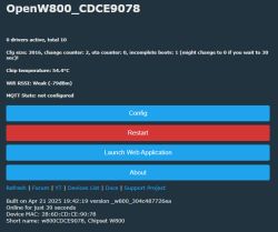 Screenshot of OpenW800 device management panel with action buttons and technical information.
