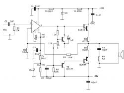 Schemat wzmacniacza operacyjnego z różnymi elementami elektronicznymi.