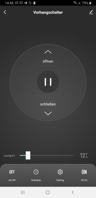 Curtain Control Panel in Mobile App App screen for curtain control with open, close, and pause options.