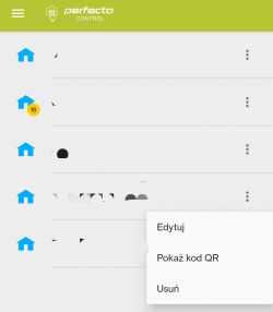 Zrzut ekranu aplikacji Perfecta Control z menu kontekstowym: Edytuj, Pokaż kod QR, Usuń.