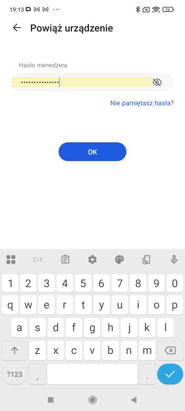 Ekran aplikacji ZTE Smart Life z polem do wpisania hasła menedżera