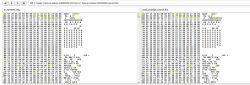 Comparison of two binary files in a hex editor with highlighted byte-level differences.