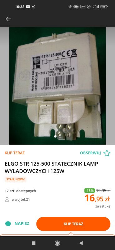 Lampa sodowa niskoprężna SOX. Dobór statecznika.