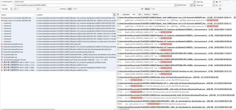 Screenshot of file search tool results showing matches for the string “2019/21:01:04”