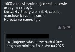 Zrzut ekranu z rozmowy; tekst o żywności za 1000 zł miesięcznie i ironiczna odpowiedź