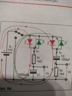 Schemat elektryczny z dwoma kondensatorami, diodami, rezystorami i zaznaczonymi kierunkami prądów.