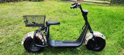 Elektryczna hulajnoga z koszykiem na trawie