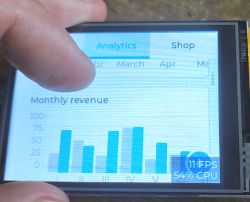 ESP32-2432S028R Board with Bar Chart ESP32-2432S028R board with a 2.8 TFT LCD displaying a bar chart.