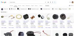 Wyniki wyszukiwania w Google dla frazy buzzer piezo, przedstawiające przetworniki piezoelektryczne.
