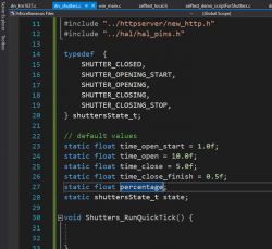 Screenshot of source code in an editor showing shutter state definition and default values for opening and closing times.