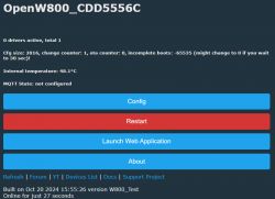 Screenshot of OpenW800 interface with buttons Config, Restart, Launch Web Application, and About.
