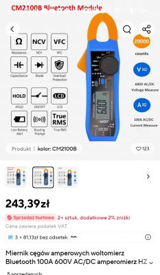 Cyfrowy miernik cęgowy CM2100B Bluetooth z funkcjami pomiarowymi.