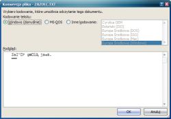 Okno konwersji pliku z wyborem kodowania tekstu w programie MS Word