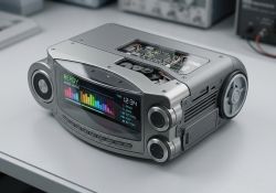 Srebrne urządzenie audio z wyświetlaczem equalizera i oknem pokazującym elektronikę