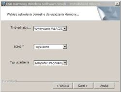 Okno instalatora CSR Harmony z ustawieniami: Wykrywanie, SCMS-T i typ urządzenia