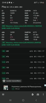 Zrzut ekranu z wynikami testów połączenia sieciowego dla Play 4G LTE-A 1800+800 z różnymi parametrami.