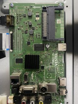 Main board of a TV model 17MB211S by Vestel, showing sockets and components.