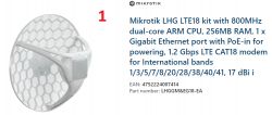 Zdjęcie routera MikroTik LHG LTE18 z opisem specyfikacji technicznych.