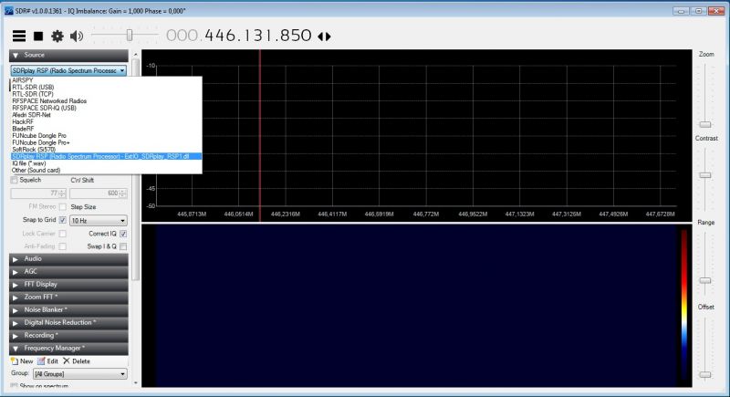 SDR# (SDR Sharp) interface showing a list of available signal sources.