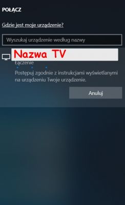 Ekran połączenia urządzenia z telewizorem, pole do wyszukiwania.
