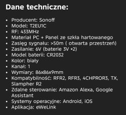 Technical specs list for Sonoff T2EU1C switch, 6 V power from CR2032 batteries and 433 MHz RF