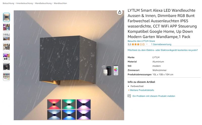 Outdoor LYTLM Wall Lamp with RGB and WiFi Control Modern outdoor LYTLM wall lamp with color-changing feature.