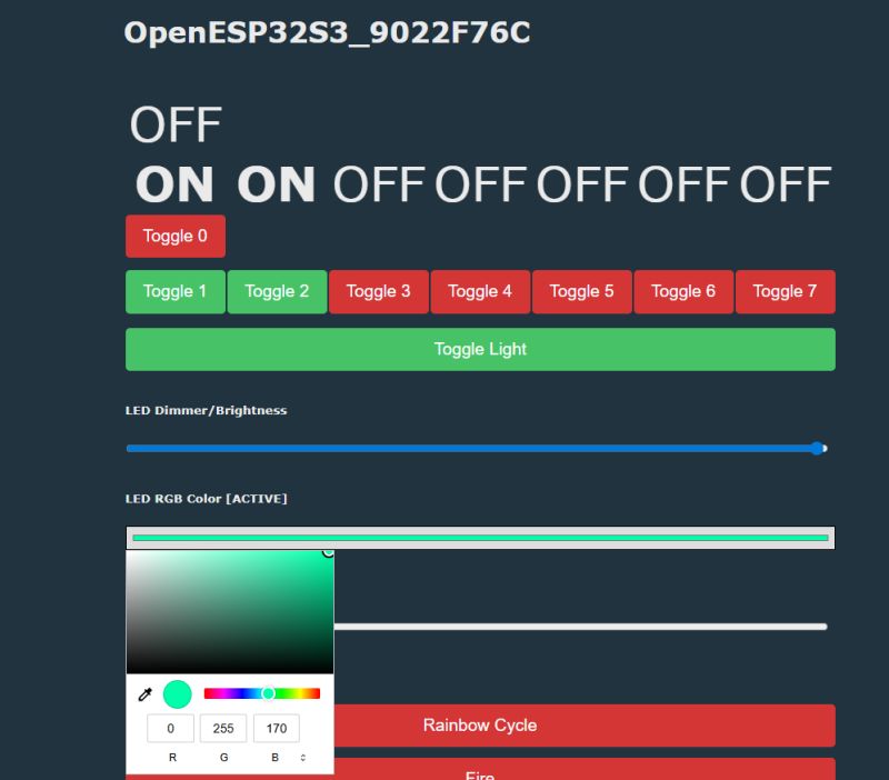 OpenESP32S3 web interface with toggle buttons and RGB LED color control