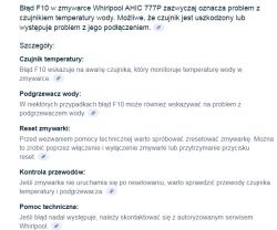Instrukcja opisująca możliwe przyczyny i rozwiązania błędu F10 w zmywarce Whirlpool AHIC 777P, w tym problemy z czujnikiem temperatury wody.