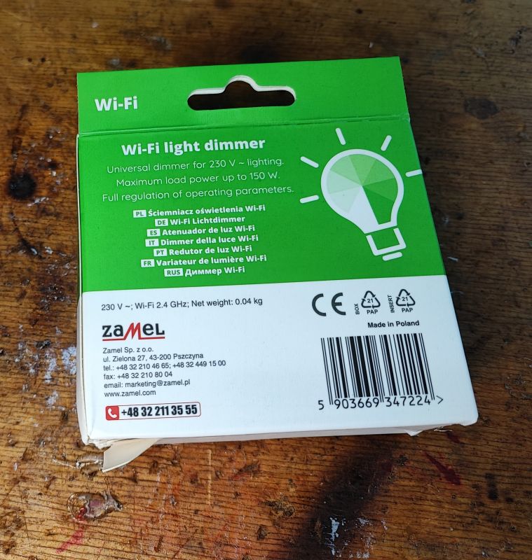 Zamel Wi-Fi Dimmer Packaging Back of Zamel Wi-Fi dimmer packaging.