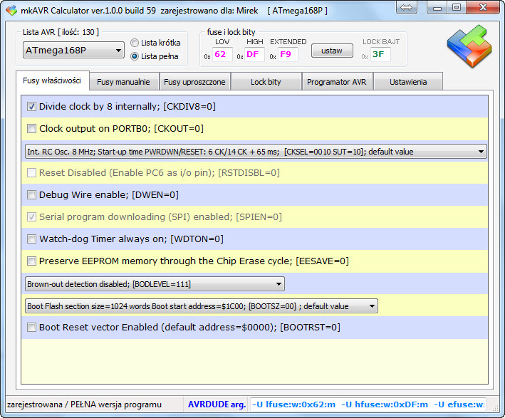 ATMEGA168V-10AU - Wewnętrzny oscylator 128kHz, potrzebne wartości HEX L- i HFUSE