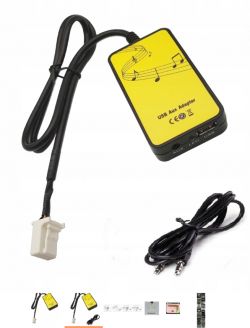 Adapter USB AUX z kablami i symbolami muzycznymi.
