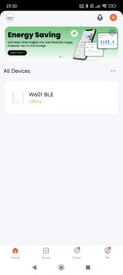 App interface showing W601 BLE device, currently offline.