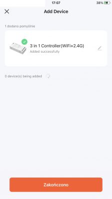 Successful Addition of 3 in 1 Controller Device App screen showing successful addition of 3 in 1 Controller (WiFi+2.4G) device.