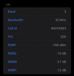 Zrzut ekranu z parametrami LTE pokazującymi dane techniczne połączenia.