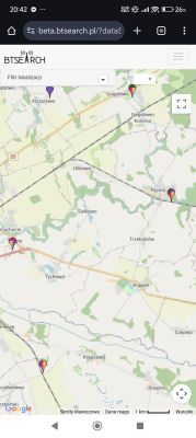 Zrzut ekranu mapy BTSearch z zaznaczonymi stacjami bazowymi w okolicach Krąpiela