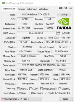 Zrzut ekranu programu TechPowerUp GPU-Z pokazujący specyfikację karty graficznej NVIDIA GeForce GTX 1050 Ti.