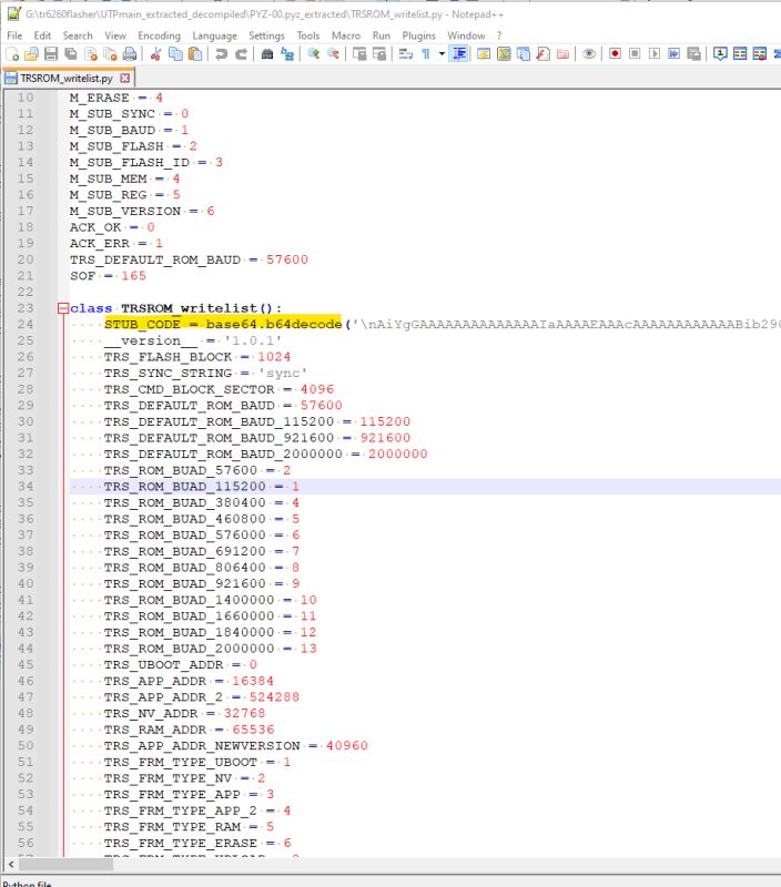 Screenshot of Python source code defining class TRSROM_writelist and constant values