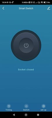 Smart Switch app interface with power toggle button and status Socket closed.