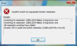 Błąd couldn''t switch to requested monitor resolution
