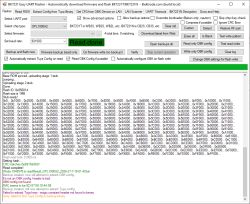 Screenshot of BK7231 Easy UART Flasher showing “Read done” and a readout log with hex data.