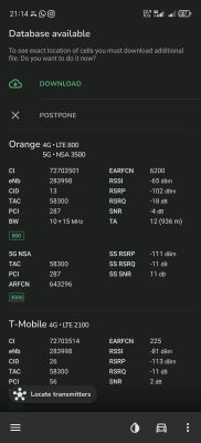 Zrzut ekranu z aplikacji pokazujący szczegóły połączenia sieci komórkowej Orange i T-Mobile, w tym parametry sygnału 4G i 5G.