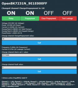 Screenshot of the OpenBK7231N control panel showing various channels and values.
