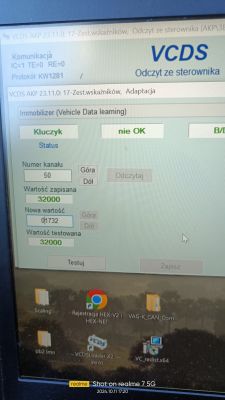 Ekran laptopa z programem VCDS pokazującym ustawienia immobilizera.